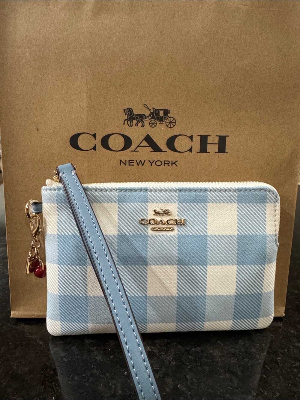 Coach Blue and White Gingham Wristlet with Cherry Charm NWT